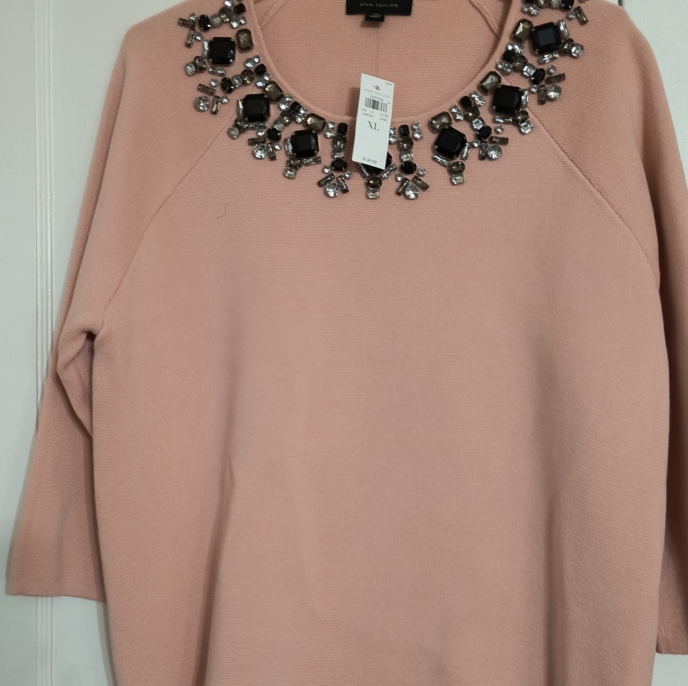 Ann Taylor Wool Blend Pink Sweater with Jewelled Studs